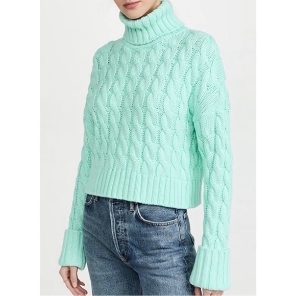 Sokie Collective Cable Turtleneck Crop Sweater Mint Size Medium Wool Blend NWT - Picture 1 of 10